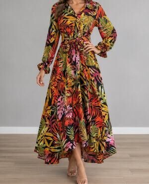 Sheer maxi Long Sleeve Wrap Dress women small autumn botanical resort tropical